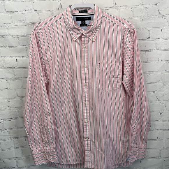 Tommy  Hilfiger Pink Striped Button Up Shirt Large Long Sleeve 80s 2 Ply Fabric - Picture 1 of 12